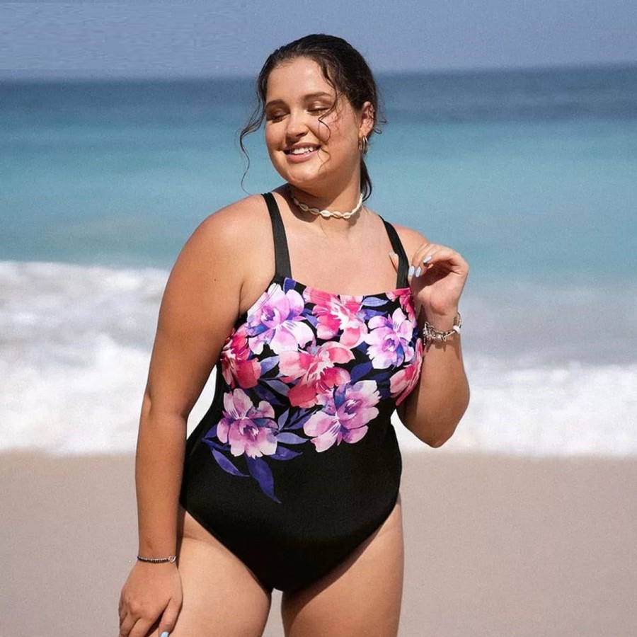 Women The Beach Company Swim & Beach | Flower Power Square Neck Plus Size Monokini Black