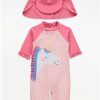 Kids George Swimsuits For Girls | Unicorn All In One Swimsuit And Hat Pink