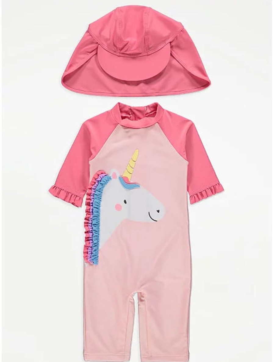 Kids George Swimsuits For Girls | Unicorn All In One Swimsuit And Hat Pink