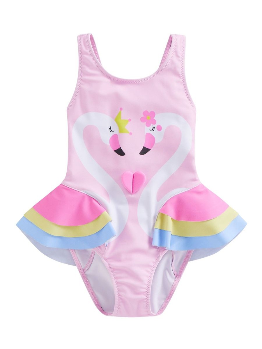 Kids The Beach Company Swimsuits For Toddlers | Baby Swan Print Ruffle Swimsuit Pink