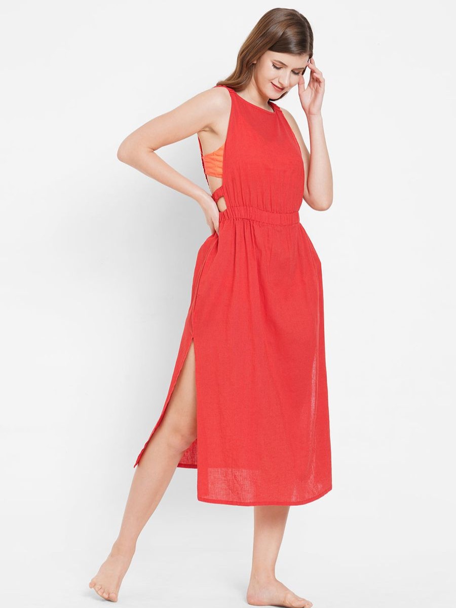 Women The Beach Company Beachwear | Linen Backless Dress Red