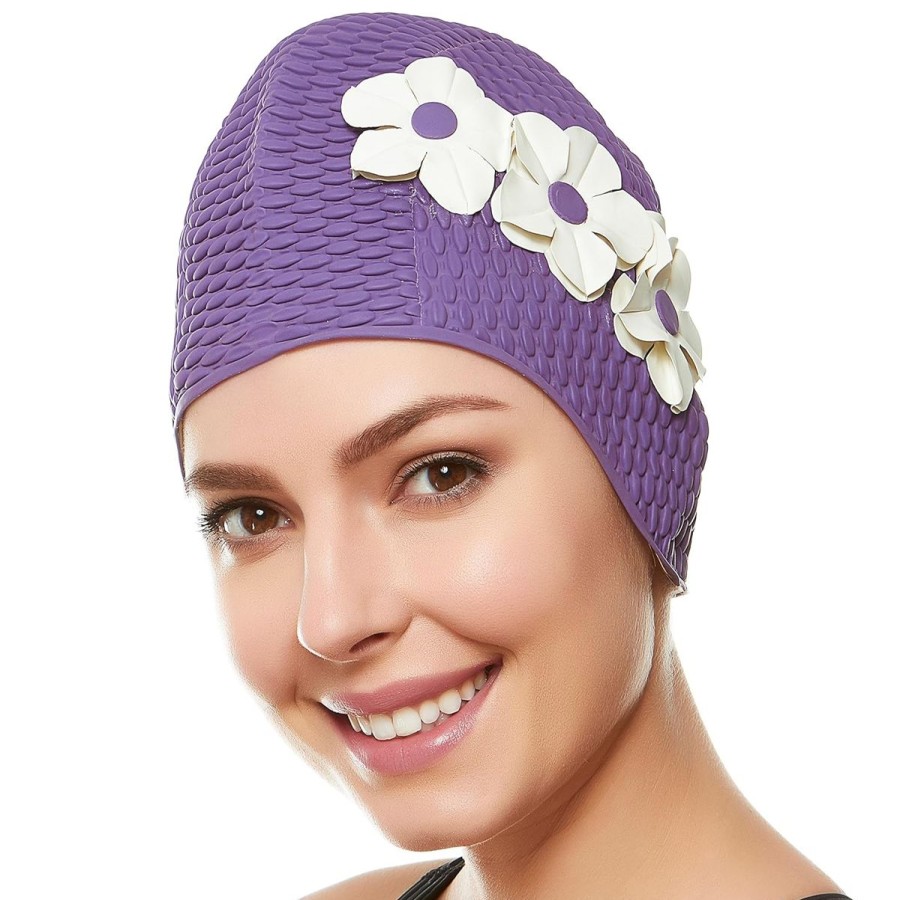 Swim Equipment Sporti | Floral Bubble Swim Cap Purple/Ivory Flowers