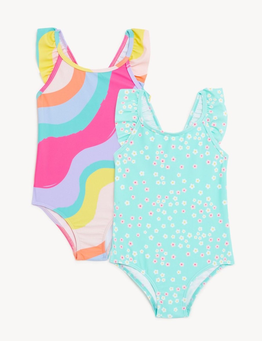 Kids Marks & Spencer Swimsuits For Girls | 2Pk Striped & Floral Swimsuit Multi