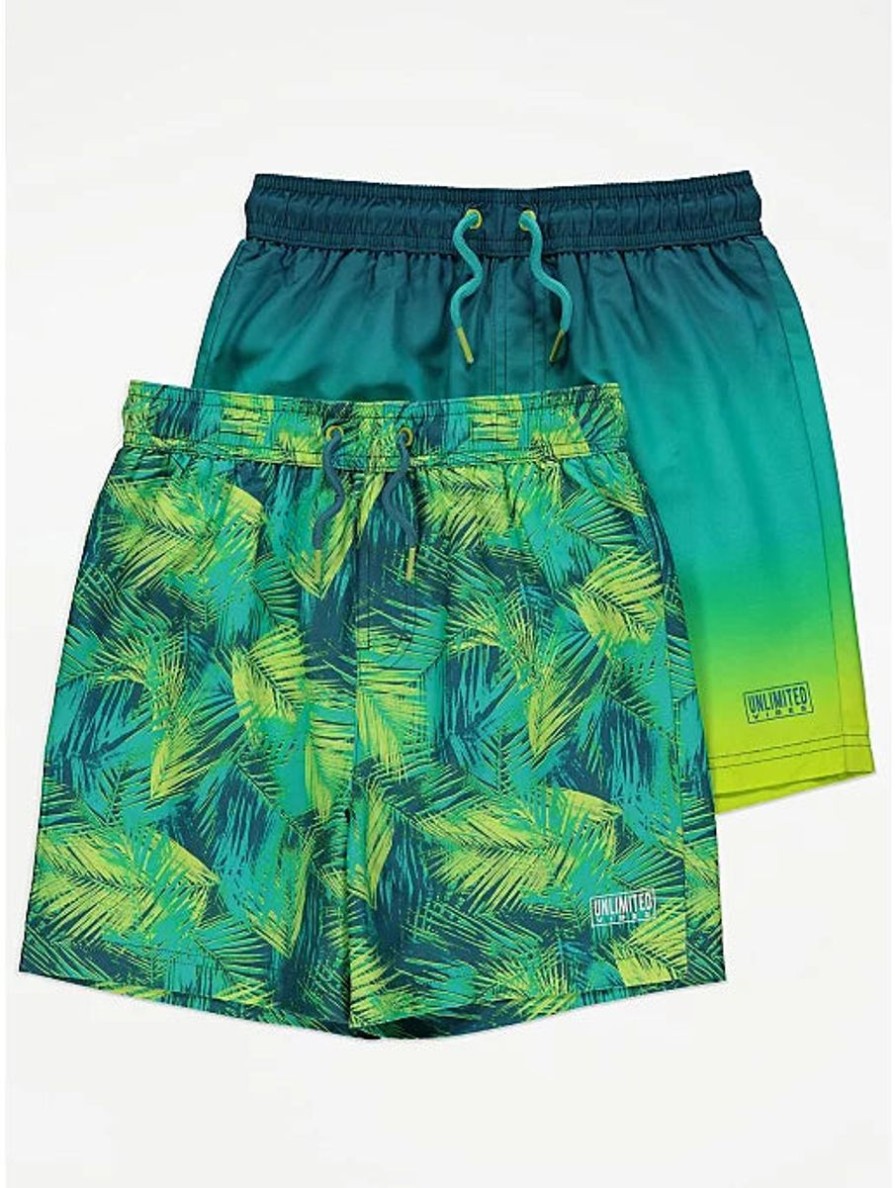 Kids George Swimsuits For Boys | Green Swim Shorts 2 Pack Ombre/Palm Leaf