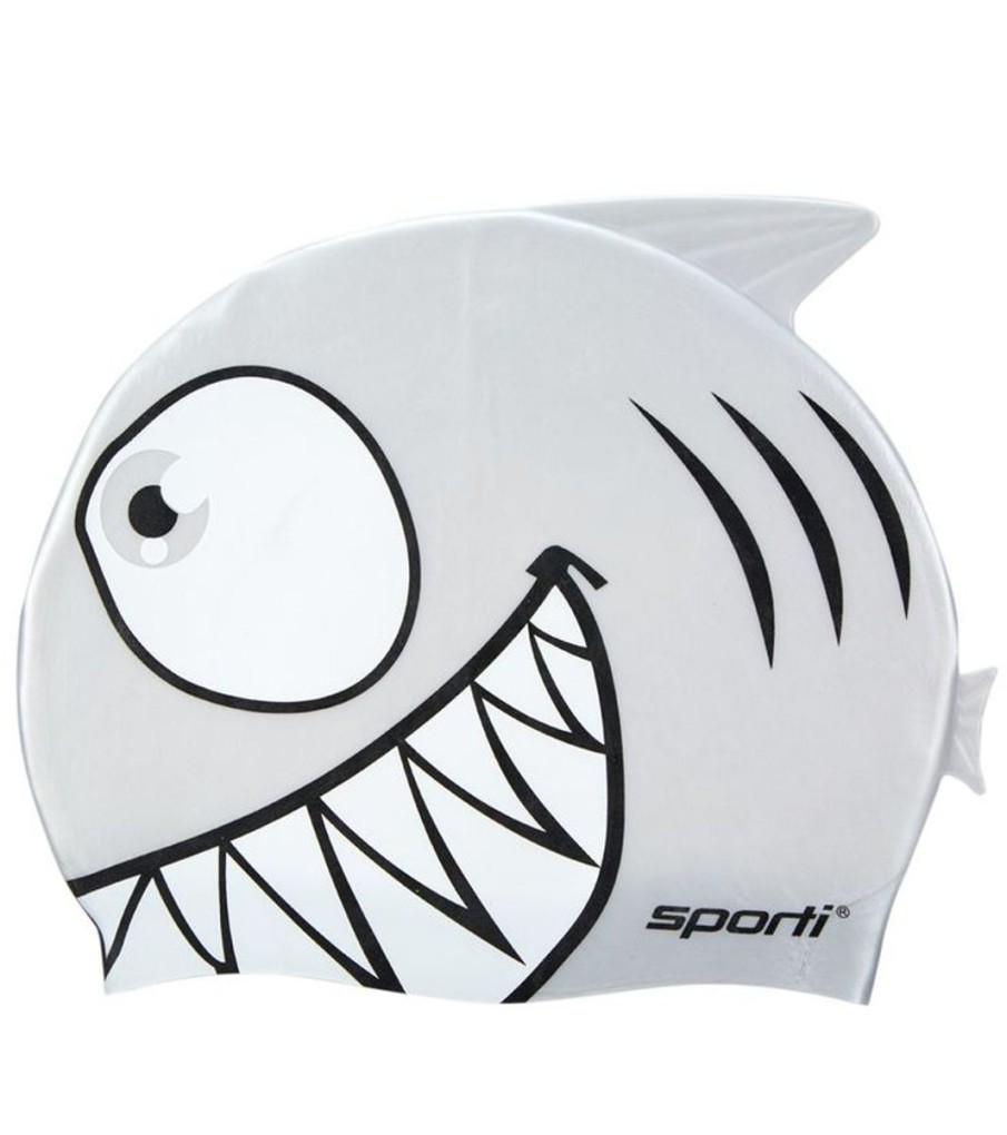 Kids Sporti Swimming Caps | Cartoon Shark Silicone Swim Cap Jr. Silver