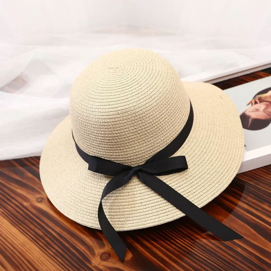 Women The Beach Company Beach Hats | Ribbon Straw Bucket Sun Hat Cream