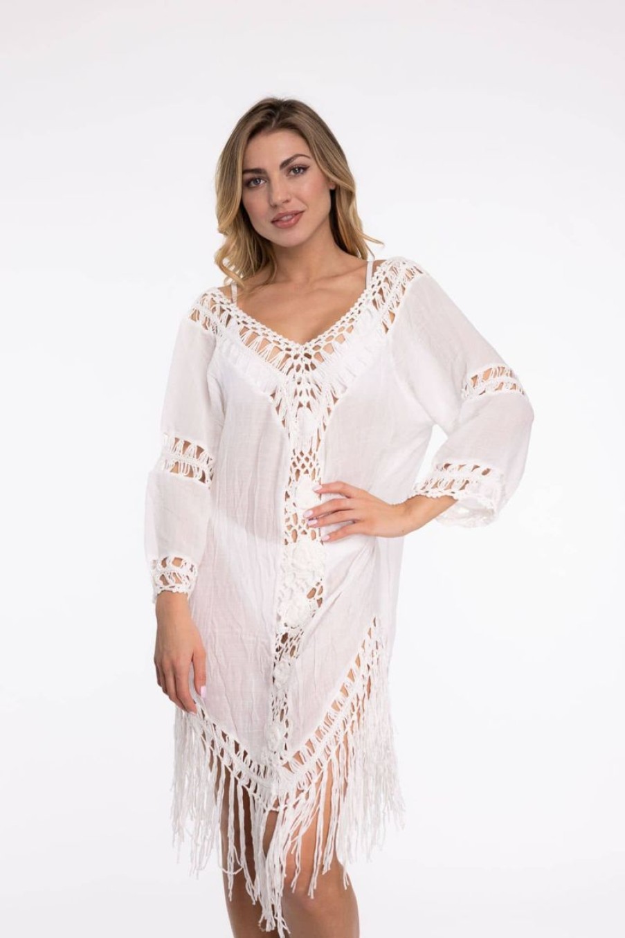 Women The Beach Company Beachwear | Crochet Tassel Hemline Backless Cover Up White