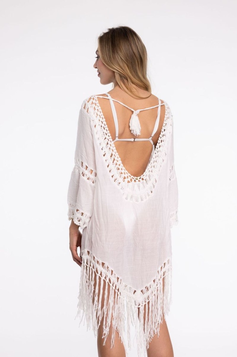 Women The Beach Company Beachwear | Crochet Tassel Hemline Backless Cover Up White