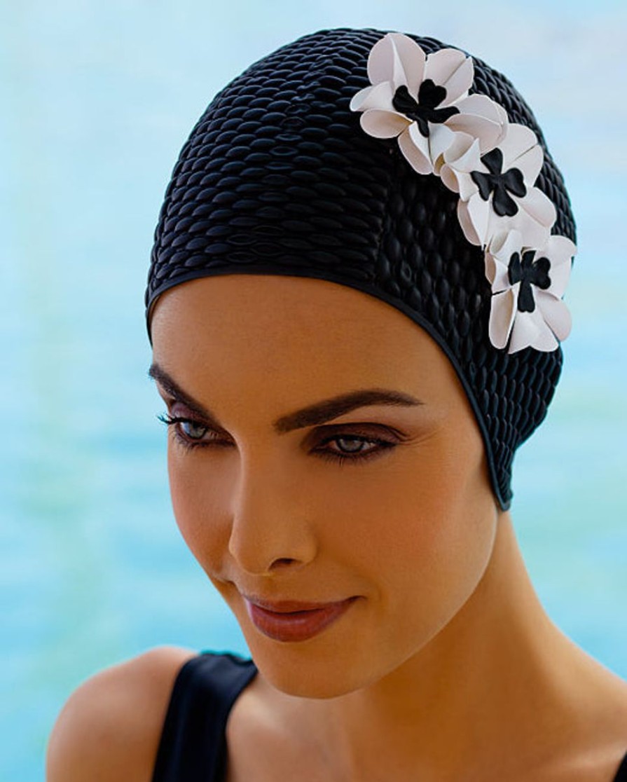 Swim Equipment Sporti | Floral Bubble Swim Cap Black/Ivory Flowers