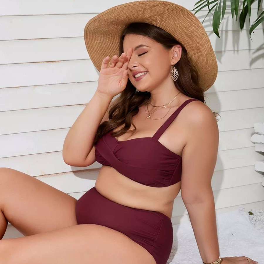 Women The Beach Company Bikini Sets | Burgundy Crisscross Plus Size High Waist Bikini Set Burgandy