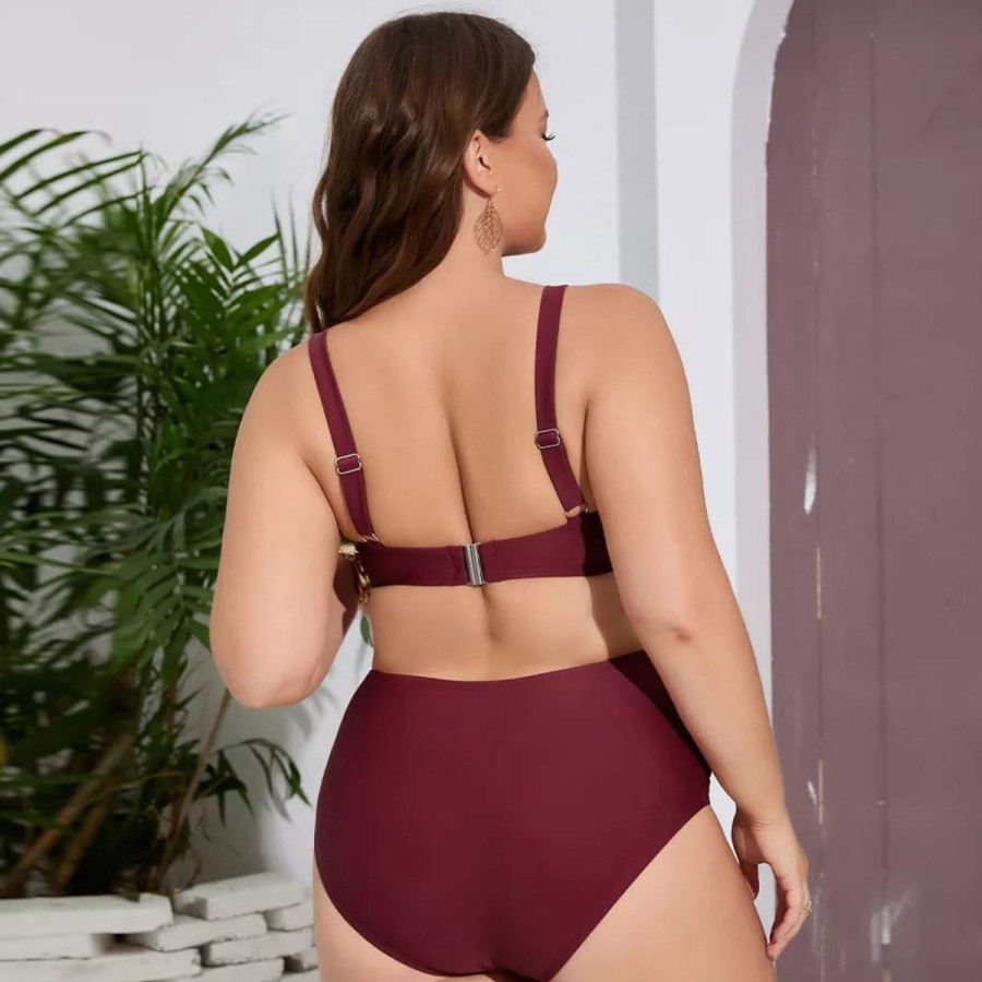 Women The Beach Company Bikini Sets | Burgundy Crisscross Plus Size High Waist Bikini Set Burgandy