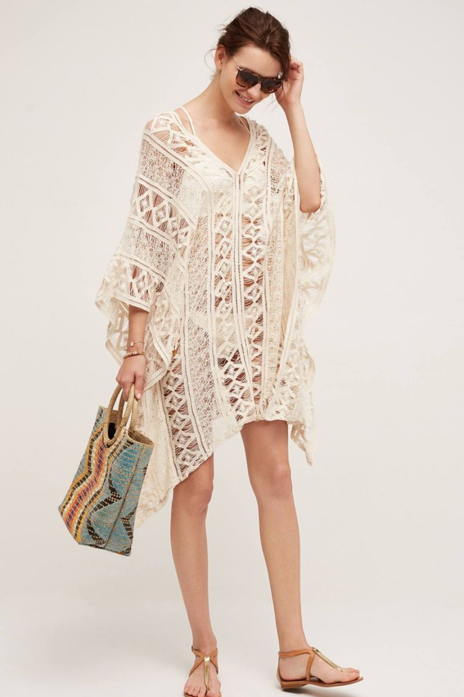 Women The Beach Company Beachwear | Hollow Out Bat Sleeve Summer Cover Up Beige