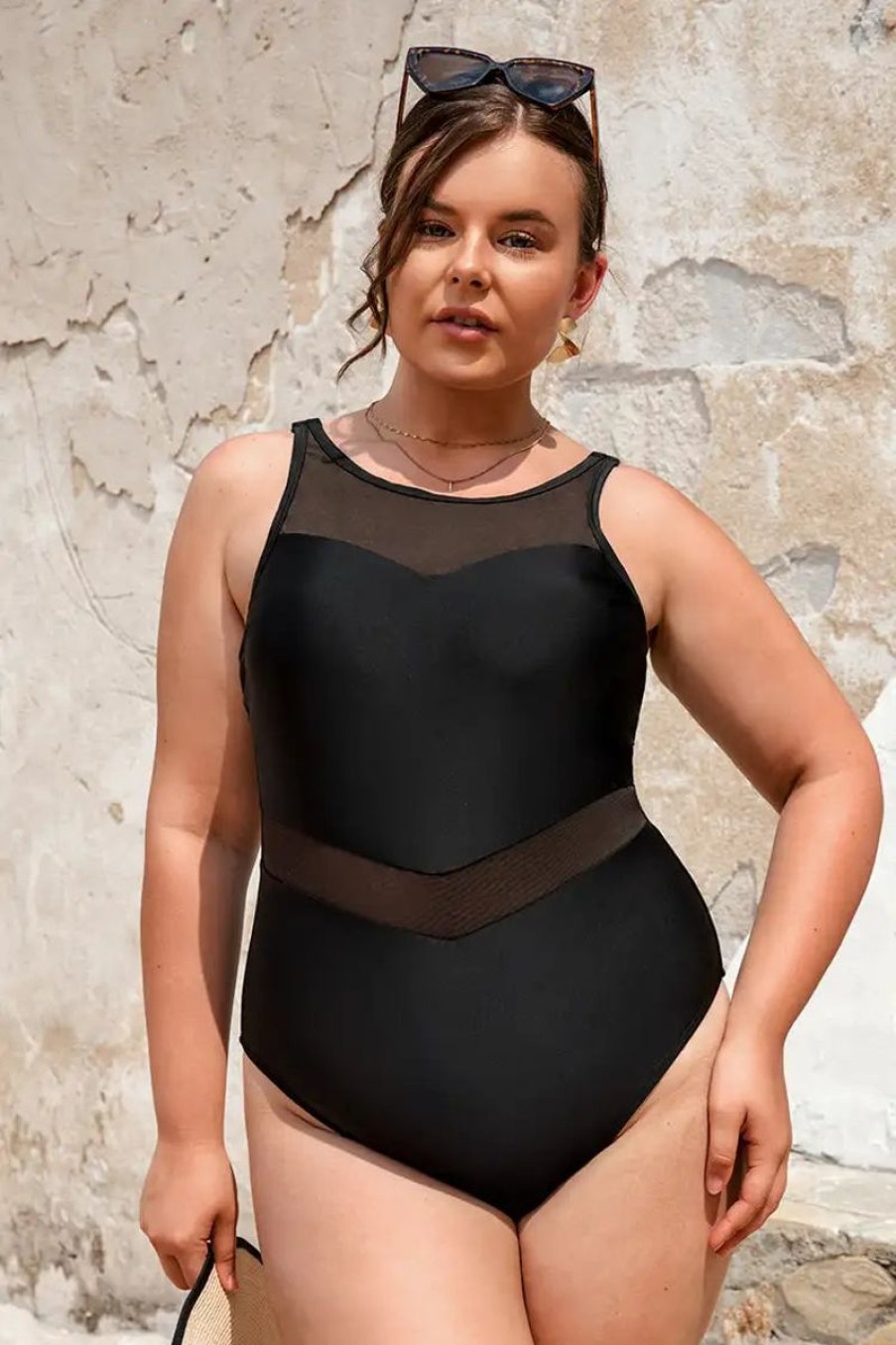 Women The Beach Company Swim & Beach | Plus Size Beach Nights Mesh High Neck Swimsuit Black