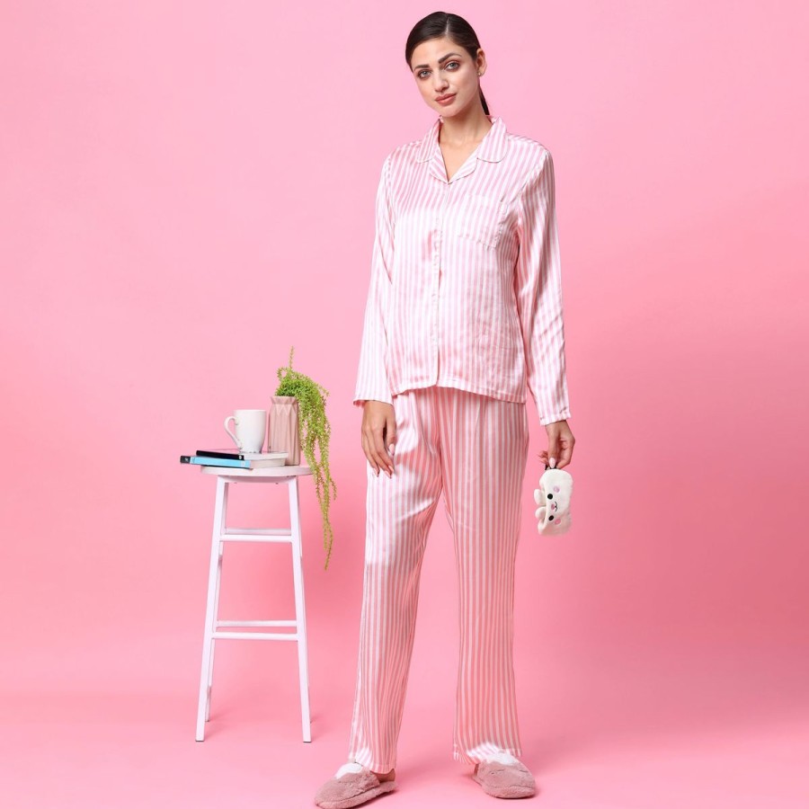 Women The Beach Company Nightwear | Striped Pj Set Pink/White