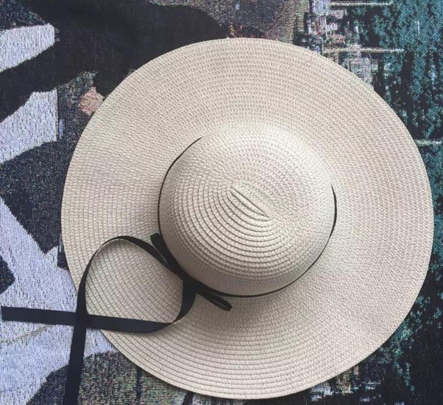 Women Vete India Beach Hats | Summer Wide-Brimmed Sun Hat With Bow Knot Off-White