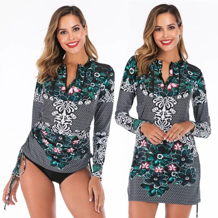 Women The Beach Company Bikini Sets | Uv Sun Protection Long Sleeve Tankini Set Floral Print