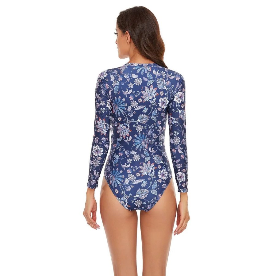 Women The Beach Company Swimwear | Uv Sun Protection Print Long Sleeve Zipper Swimsuit Blue Flower