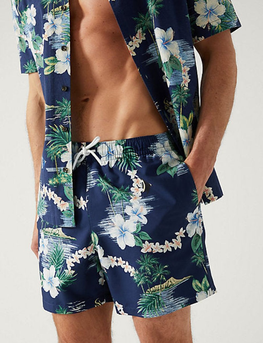 Men Marks & Spencer Swimwear And Board Shorts | Quick Dry Hawaiian Print Swim Shorts Navy Mix