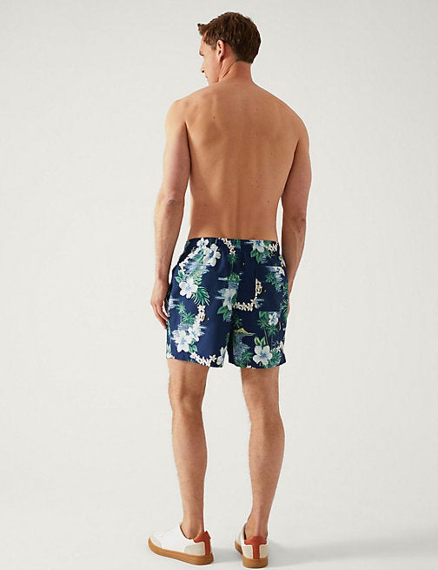 Men Marks & Spencer Swimwear And Board Shorts | Quick Dry Hawaiian Print Swim Shorts Navy Mix