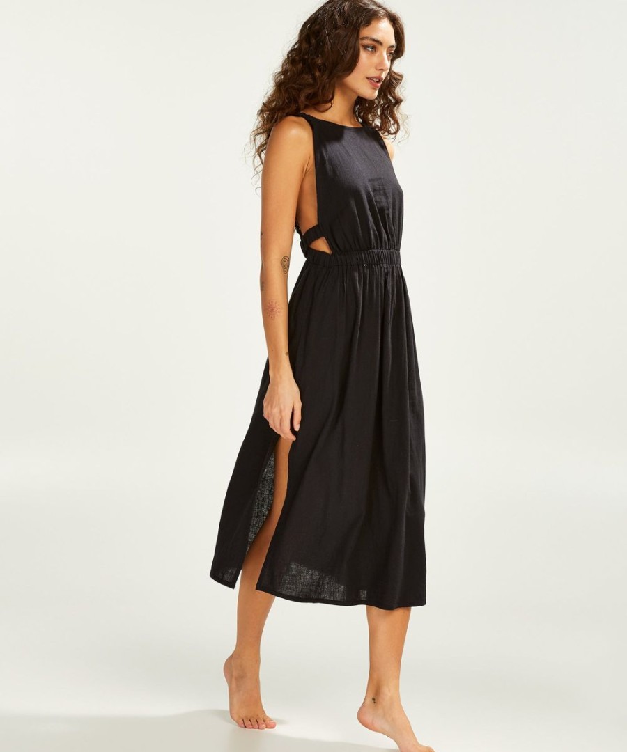 Women The Beach Company Beachwear | Linen Backless Dress Black