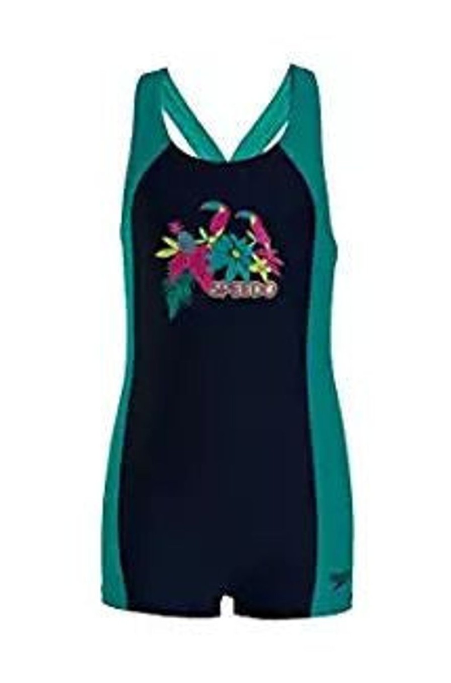 Kids Speedo Swimsuits For Girls | Speedo Cayla Legsuit Navy/ Jade/ Electric Pink (Samba Feathers Print)