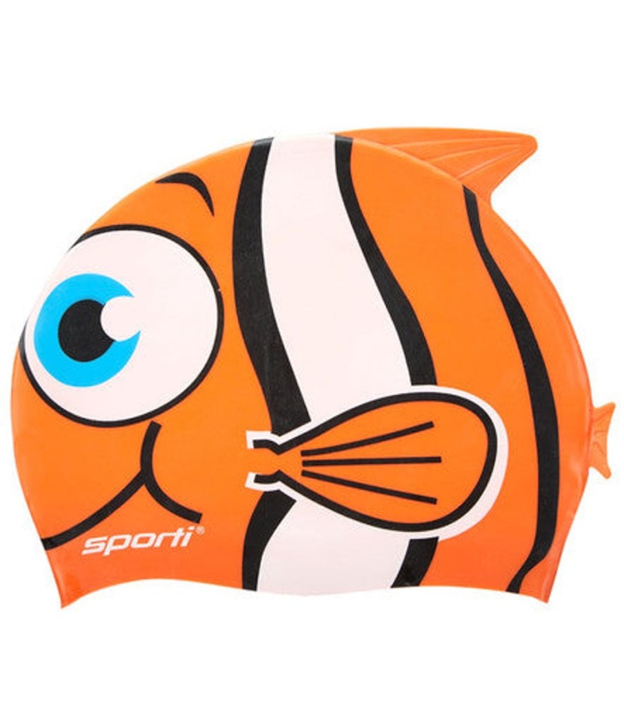 Kids Sporti Swimming Caps | Cartoon Clown Fish Silicone Swim Cap Jr. Orange