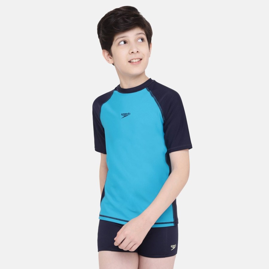 Kids Speedo Swimsuits For Boys | Swim Rashguard T-Shirt - Jr Aquarium/True Navy