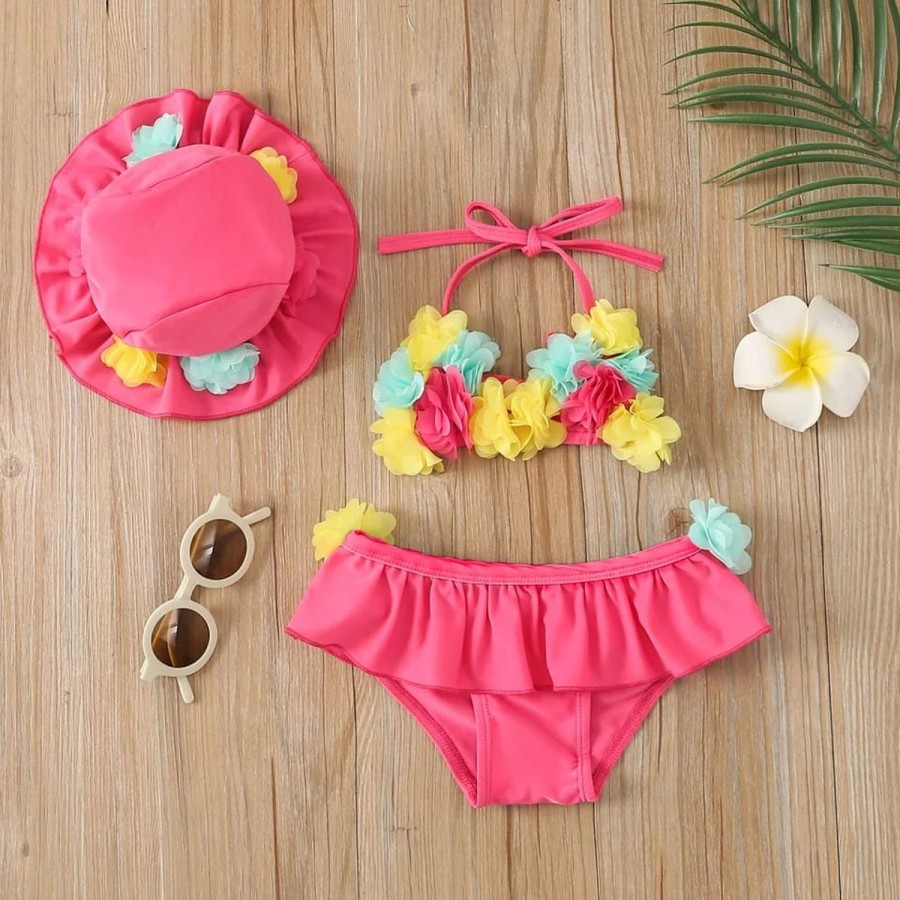 Kids The Beach Company Swimsuits For Toddlers | Flower 3Pcs Halter Triangle Top With Ruffle Bottom And Sun Hat Pink