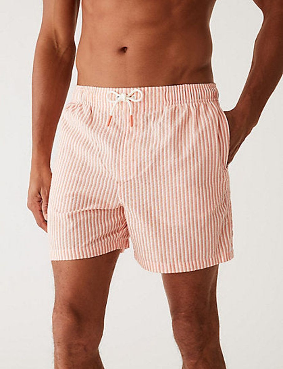 Men Marks & Spencer Swimwear And Board Shorts | Quick Dry Striped Seersucker Swim Shorts Medium Coral