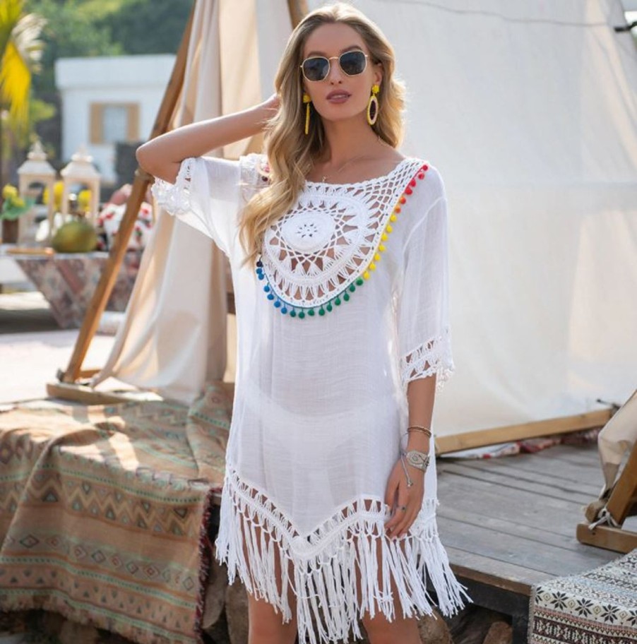 Women The Beach Company Beachwear | Floral Crochet Lace Hollow Cover Up White