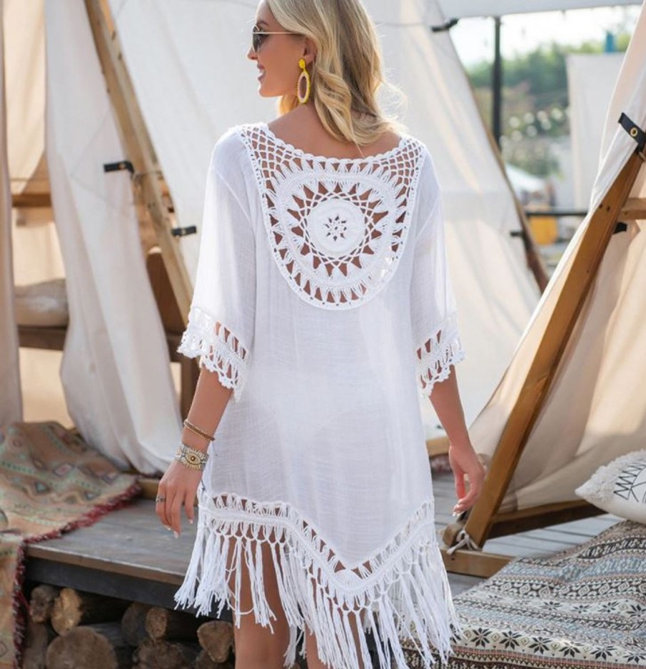 Women The Beach Company Beachwear | Floral Crochet Lace Hollow Cover Up White