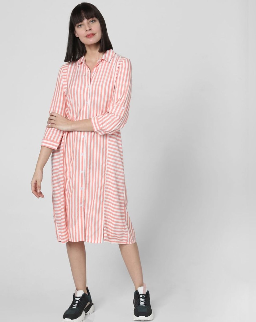 Women Vero Moda Beachwear | Peach Striped Shirt Dress White & Peach