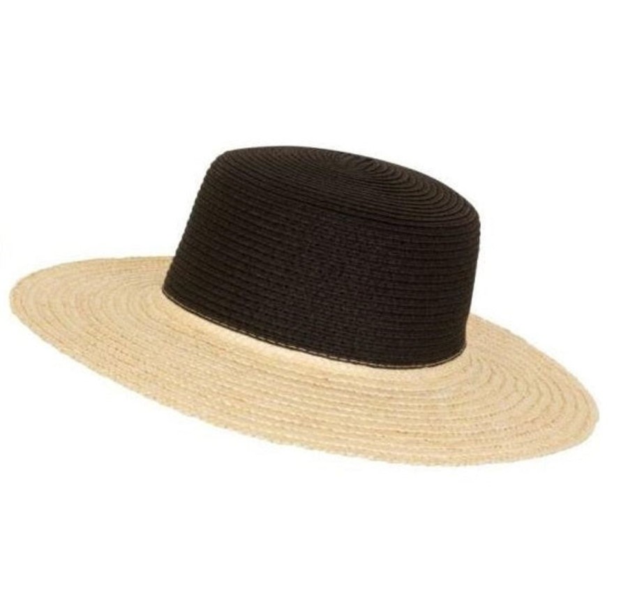 Women South Beach Beach Hats | Two Tone Black Straw Boater