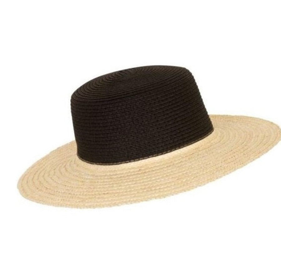 Women South Beach Beach Hats | Two Tone Black Straw Boater