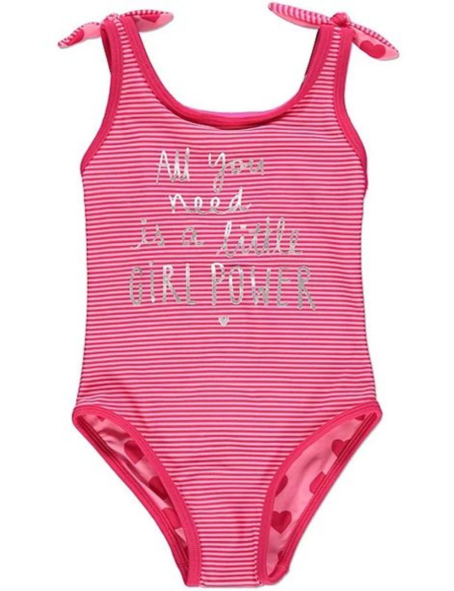 Kids The Beach Company Swimsuits For Girls | Reversible Pink Slogan And Stripe Heart Swimsuit