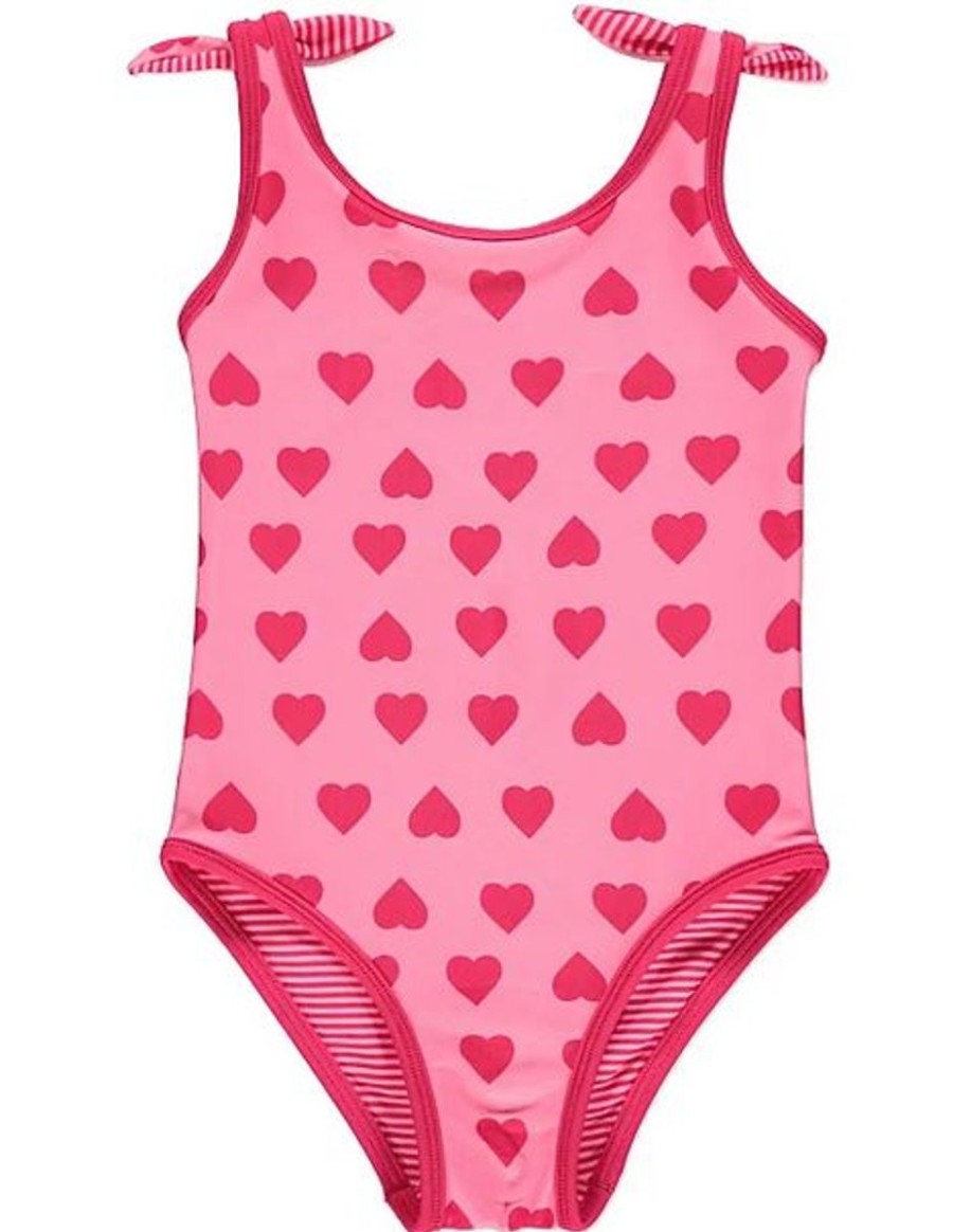 Kids The Beach Company Swimsuits For Girls | Reversible Pink Slogan And Stripe Heart Swimsuit