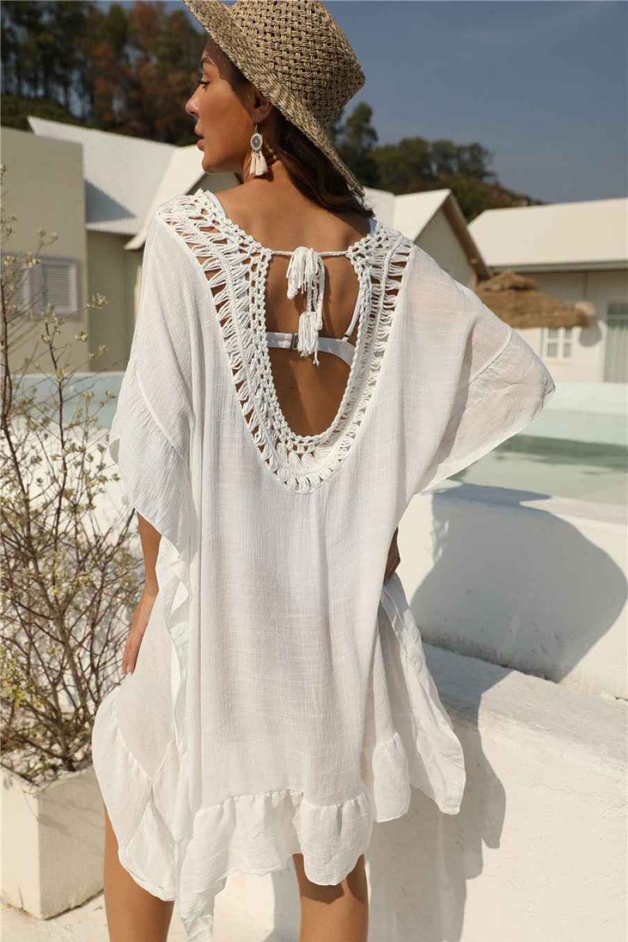 Women The Beach Company Beachwear | Flounce Hollow Out Crochet Cover Up White