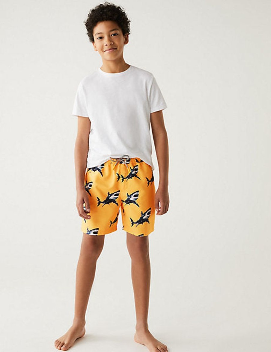 Kids Marks & Spencer Swimsuits For Boys | Shark Print Swim Shorts Orange Mix