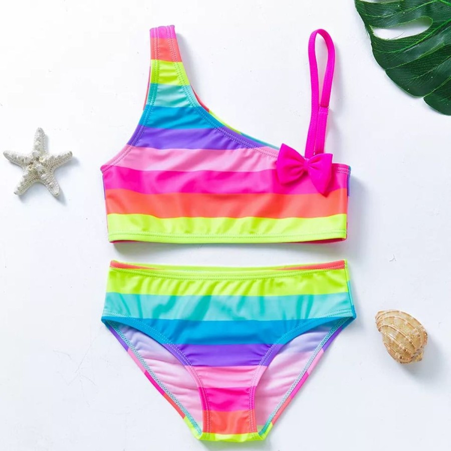 Kids The Beach Company Swimsuits For Girls | Rainbow One Shoulder Hipster Bikini Set