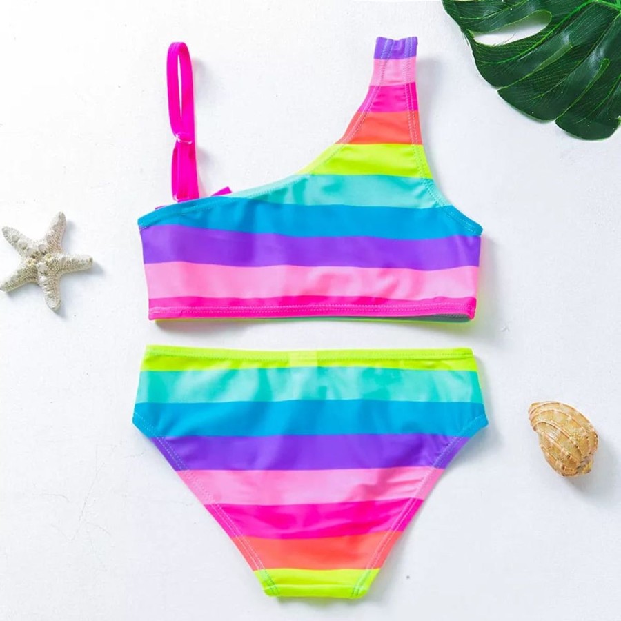 Kids The Beach Company Swimsuits For Girls | Rainbow One Shoulder Hipster Bikini Set