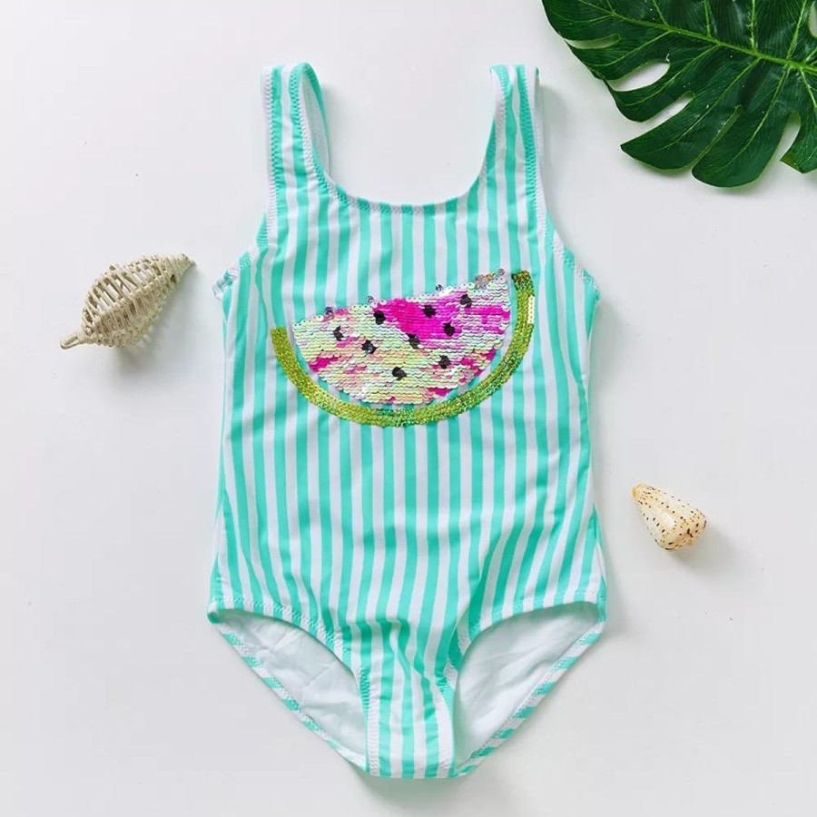 Kids The Beach Company Swimsuits For Girls | Mint Green Striped Watermelon Sequins Swimsuit