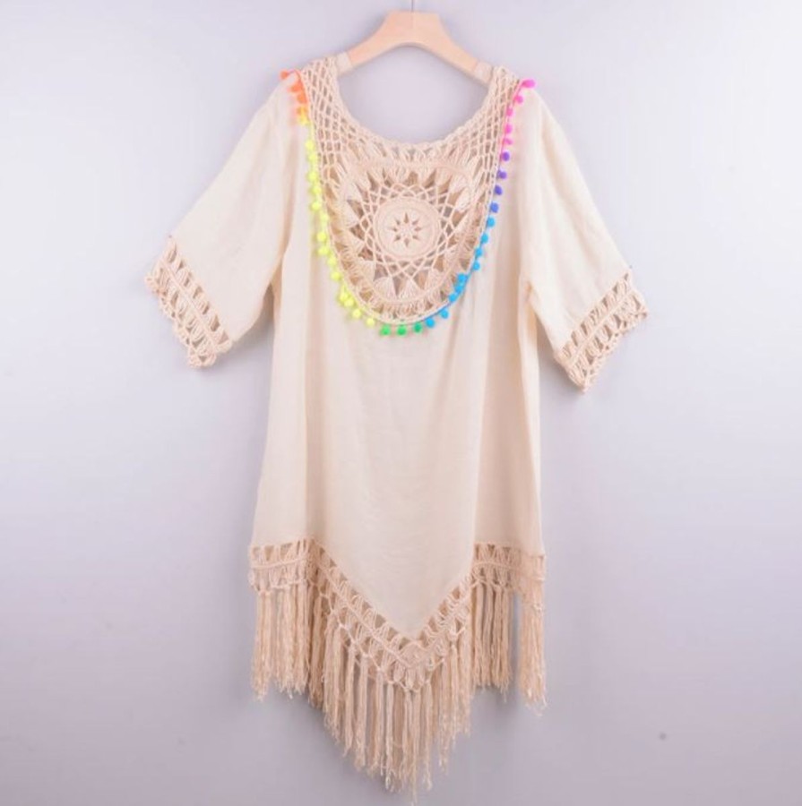 Women The Beach Company Beachwear | Floral Crochet Lace Hollow Cover Up Beige