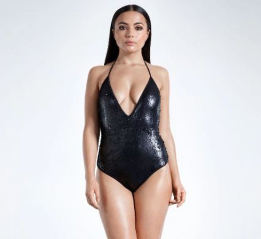 Women Golddigga Swimwear | Plunging Mermaid Sequin Swimsuit Black