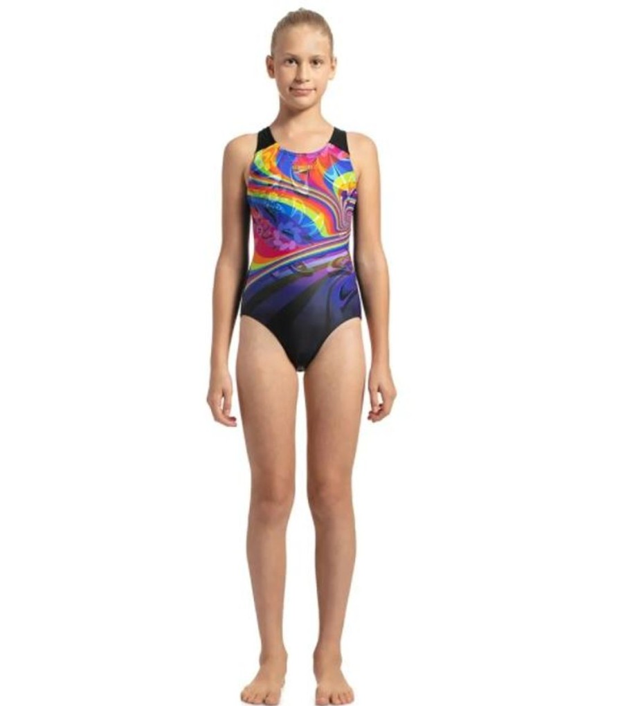 Kids Speedo Swimsuits For Girls | Speedo Placement Digital Racerback Black/ Chrome Blue/Diva