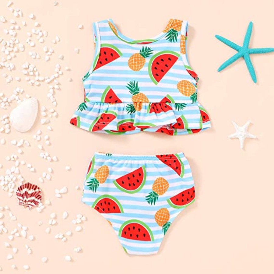 Kids The Beach Company Swimsuits For Toddlers | Mix Fruit Print Ruffle Set Blue Striped/Multi Print