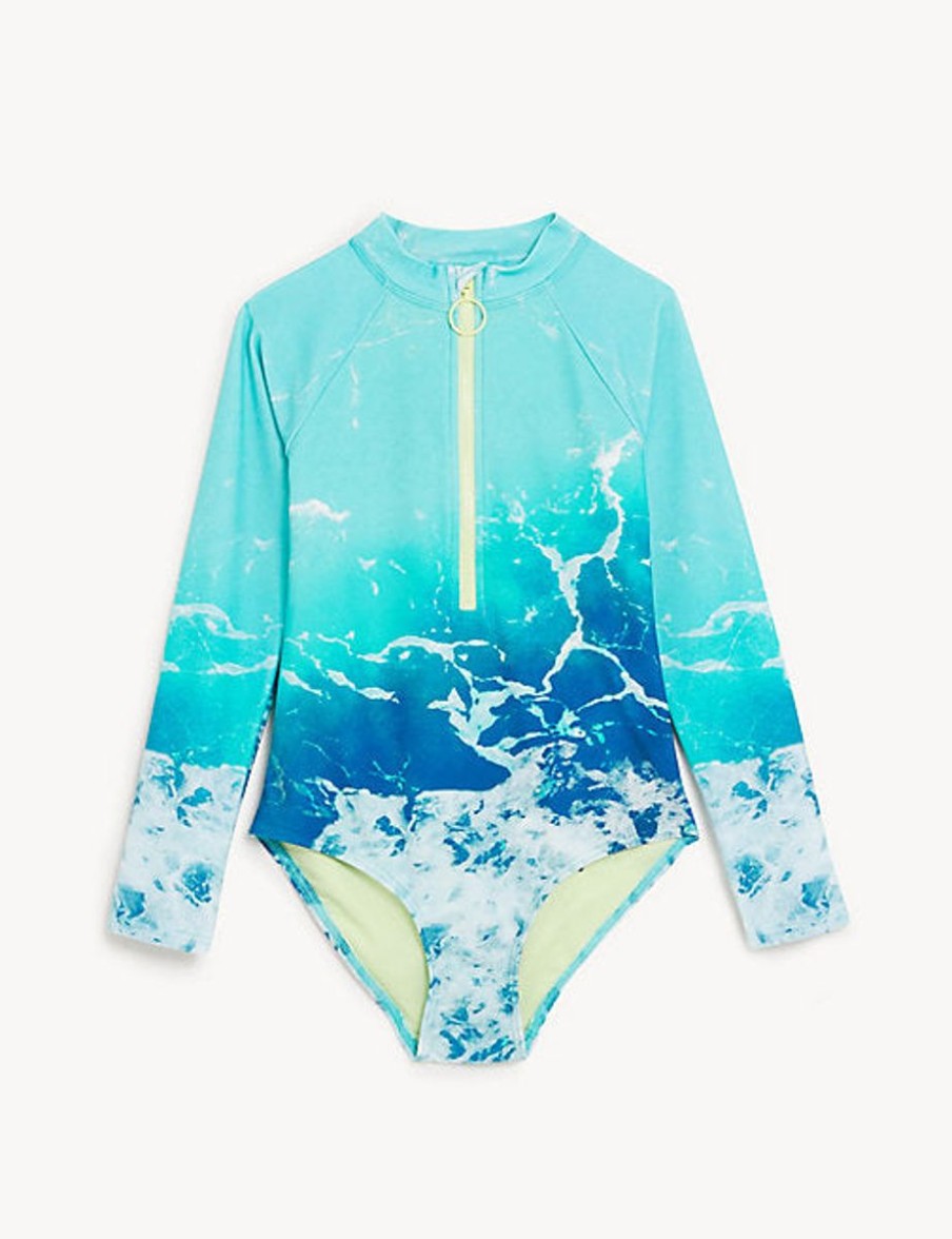 Kids Marks & Spencer Swimsuits For Girls | Photographic Print Long Sleeve Swimsuit Aqua