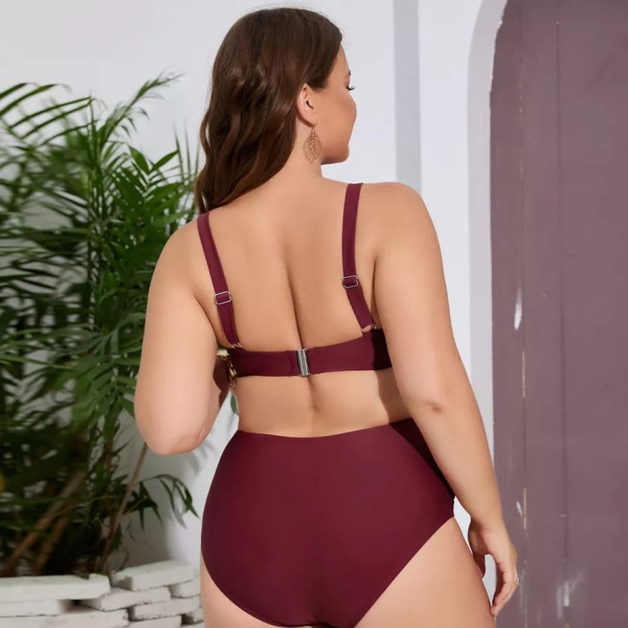 Women The Beach Company Swim & Beach | Burgundy Crisscross Plus Size High Waist Bikini Set Burgandy