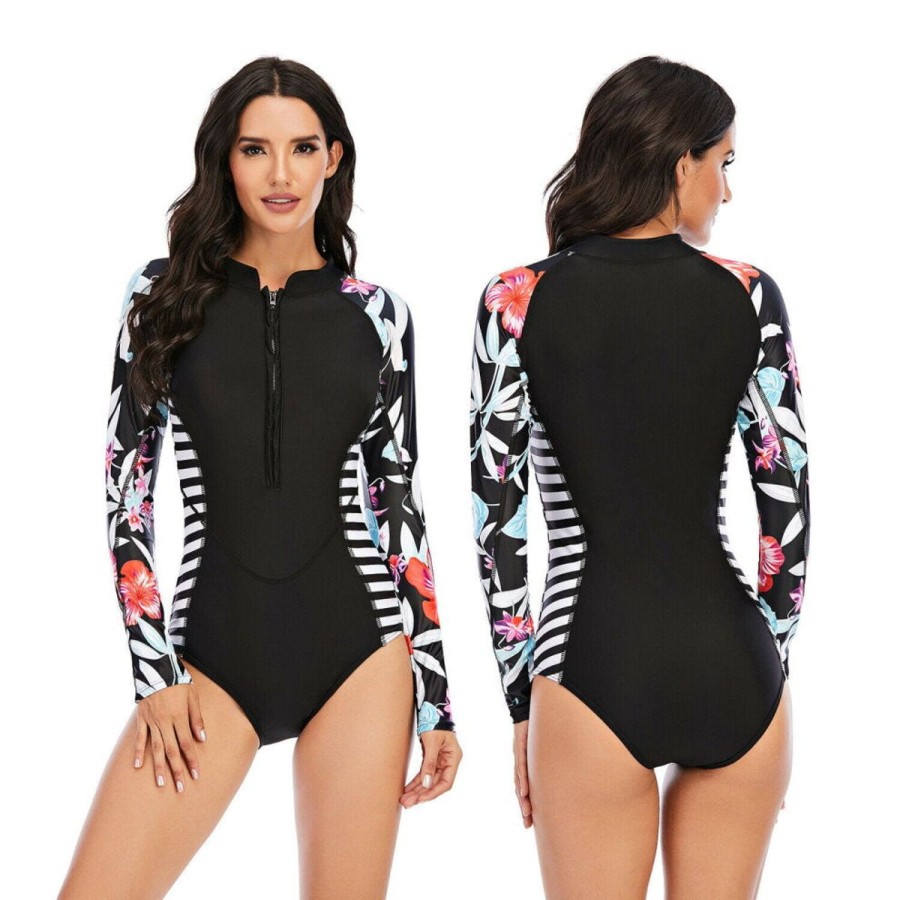 Women The Beach Company Swimwear | Uv Sun Protection Floral Stripe Print Long Sleeve Zipper Swimsuit Black/Printed